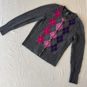 Apt 9 Pure Cashmere Cardigan Sweater Womens Small Grey Pink Purple Argyle Knit